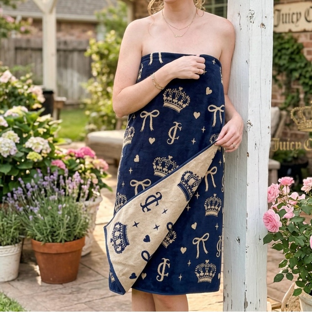 Juicy Couture Navy Bath Towel with Beige crown, hearts, & ribbons set of three.